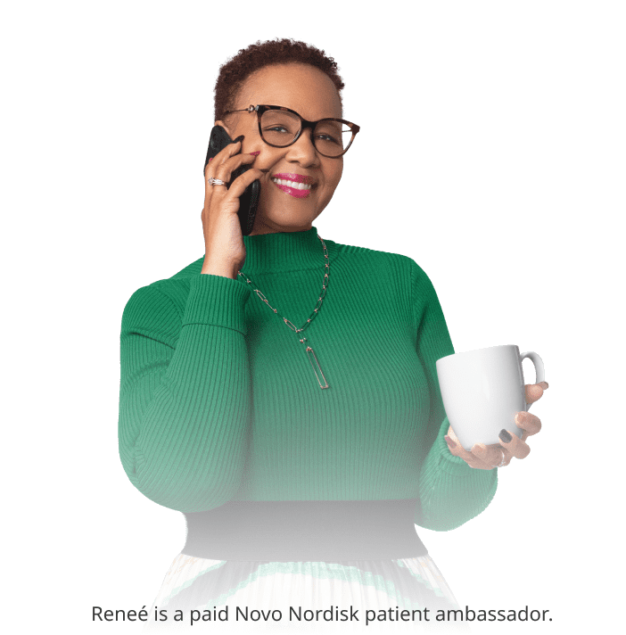 Renee, a paid Novo Nordisk spokesperson with a phone in one hand and coffee cup in the other