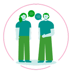 Two people icons with chat bubbles in between them