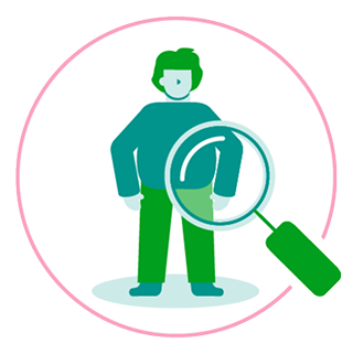 Icon of a man in the background and magnifying glass in the foreground