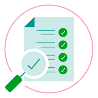 Magnifying glass icon over a piece of paper with a checkmark
