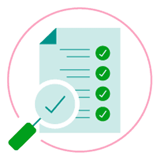 Magnifying glass icon over a piece of paper with a checkmark